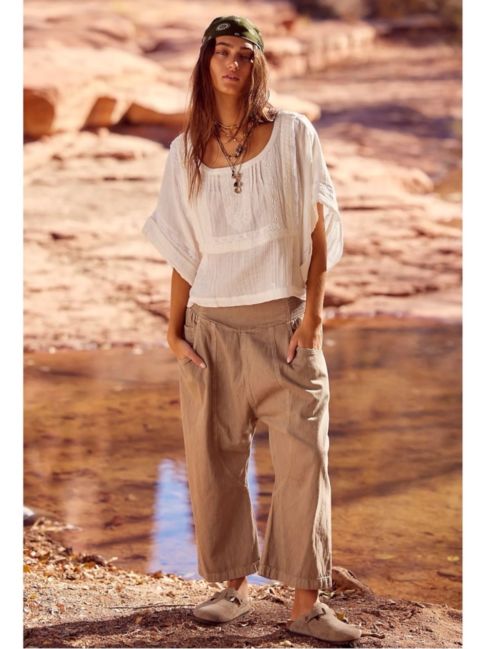 Free People Bohemian Lunan Crop Harem Jeans Savannah Khaki Size XL NWT - Picture 3 of 15